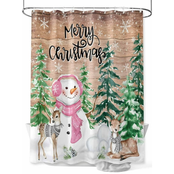 Merry Christmas Shower Curtain Set ,Waterproof Fabric Shower Curtains Pink Snowman Xmas Tree Deer Snowflake Wood Grain Shower Curtains for Bathroom,Bathroom Decor 54x"78"