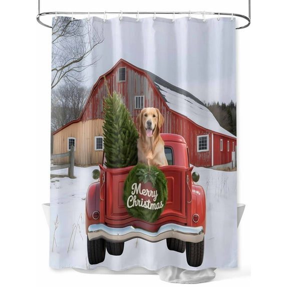 Merry Christmas Shower Curtain Set, Waterproof Shower Curtains for Bathroom, Farmhouse Xmas Tree Truck Dogs Winter Washable Fabric Cloth Bath Curtain for Bathtub Decoration with Hooks 66x72 Inches