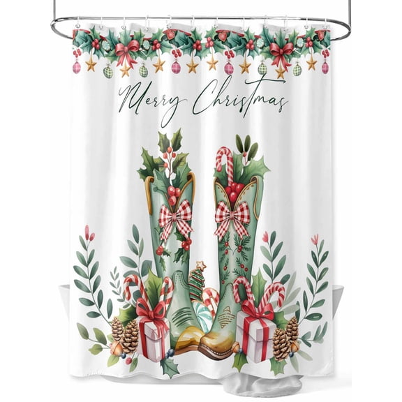 Merry Christmas Shower Curtain Set, Waterproof Shower Curtains for Bathroom, Winter Boots Pine Cone Branches Berry Washable Fabric Cloth Bath Curtain for Bathtub Decoration with Hooks 48x72 Inches