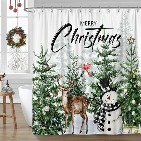 Merry Christmas Shower Curtain Set Winter Forest Funny Snowman Snowflake Decorative Shower Curtains with Hooks for Xmas Holiday Bathroom Decor