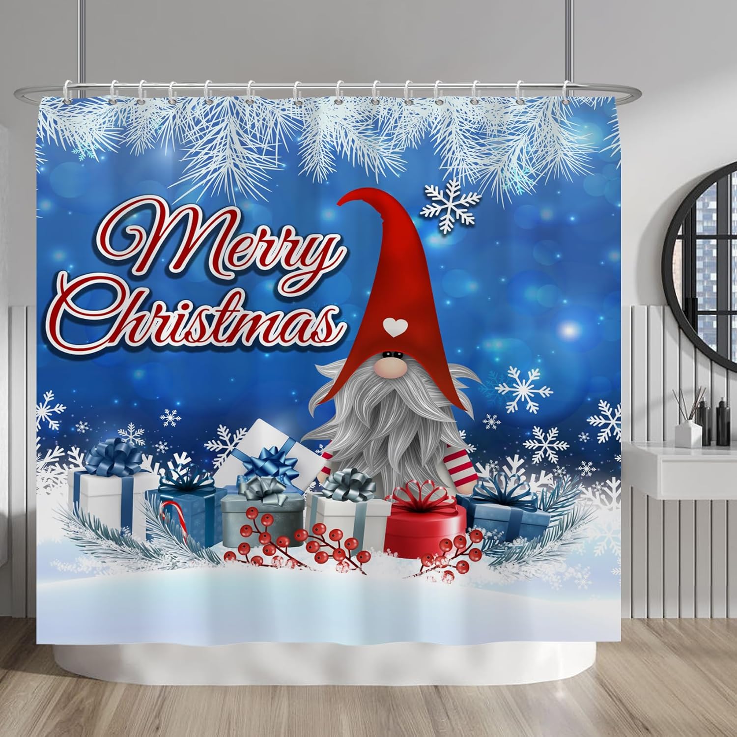 Merry Christmas Shower Curtain Set Winter Holiday Xmas Gifts Red Gnome Snowflake Vintage Farmhouse Shower Curtain for Bathroom Bathtubs with Hooks 84x72 Inches Polyester Waterproof Fabric