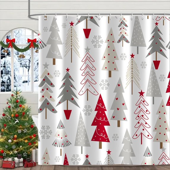 Merry Christmas Shower Curtain Set, Xmas Tree New Year Holiday Winter Snowflake Pattern Shower Curtains for Bathroom Decor Washable Durable Fabric Polyester Waterproof with 12 Hooks, 72x72 Inch