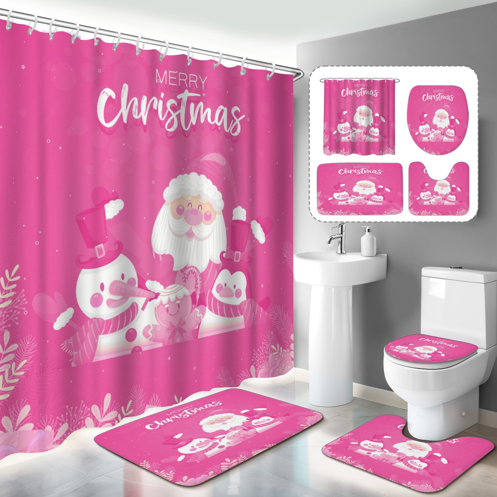 Merry Christmas Shower Curtain Sets for Bathroom, 4Pcs Xmas Shower