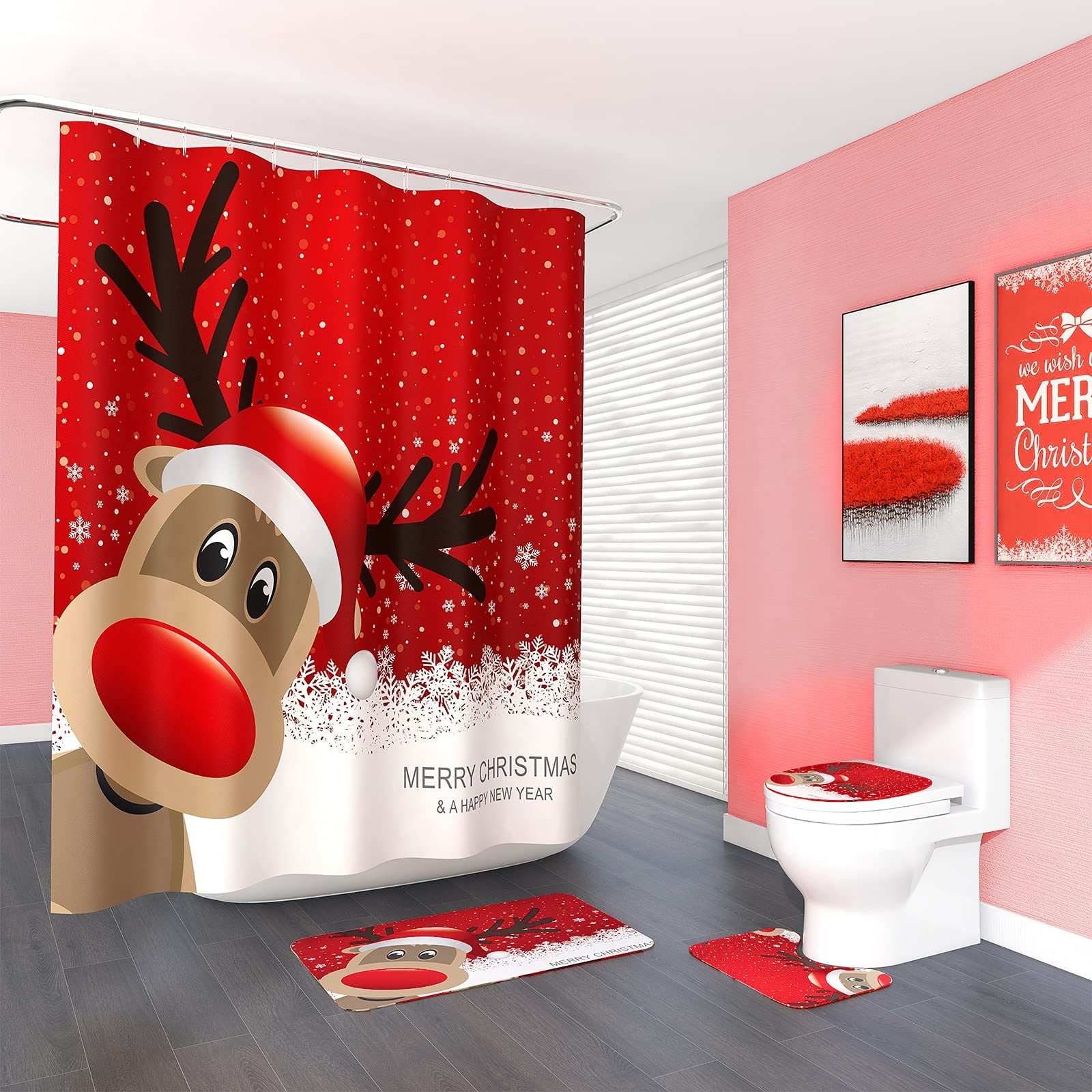 Merry Christmas Shower Curtain Sets for Bathroom, 4Pcs Xmas Shower