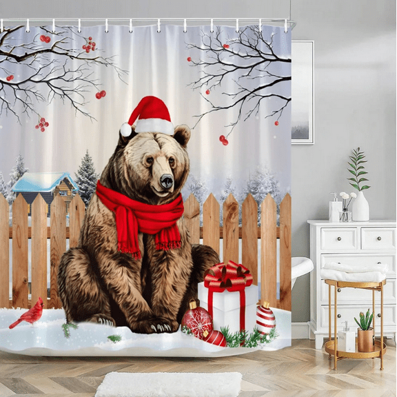 Merry Christmas Shower Curtain, Waterproof Polyester Fabric Xmas Shower Curtain with 12 Hooks Machine Washable Quick Dry for Bathroom Decor 7171 Inch