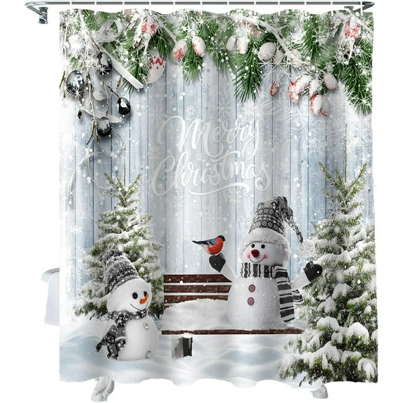 Merry Christmas Shower Curtain, Xmas Snowman Snowy Pine Tree Shower Curtains Set with Hooks, Blue Winter Waterproof Fabric Bathroom Curtains Decor Home Accessories,Stall 36 X 72 Inch