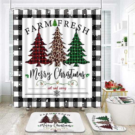 Merry Christmas Shower Curtains and Bath Rug Set, Buffalo Plaid Bathroom Decor Sets, Xmas Trees Waterproof Fabric Shower Curtain with 12 Hooks and Toilet Rugs