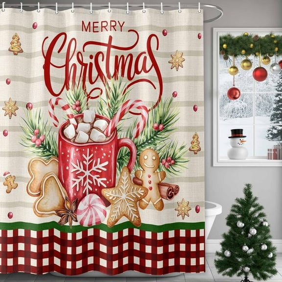 Merry Christmas Shower Curtains for Bathroom, Hot Cocoa Gingerbread Man Vintage Plaid Waterproof Fabric Shower Curtain for Bathroom Bathtub Decoration, Machine Washable, 54x"78"