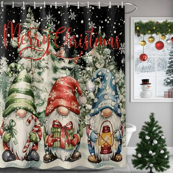 Merry Christmas Shower Curtains for Bathroom, Retro Red Blue Yellow Gnome Tree Snow Waterproof Fabric Shower Curtain for Bathroom Bathtub Decoration, Machine Washable, 72"x72"