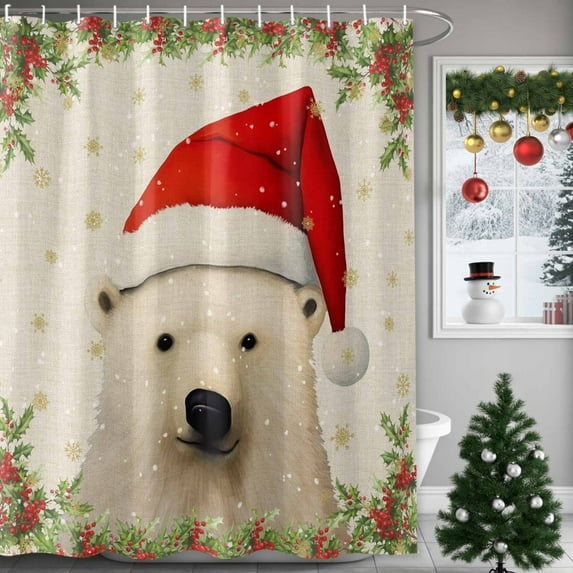 Merry Christmas Shower Curtains for Bathroom, White Bear with Red Hat Waterproof Fabric Shower Curtain for Bathroom Bathtub Decoration, Machine Washable, 60"x72"