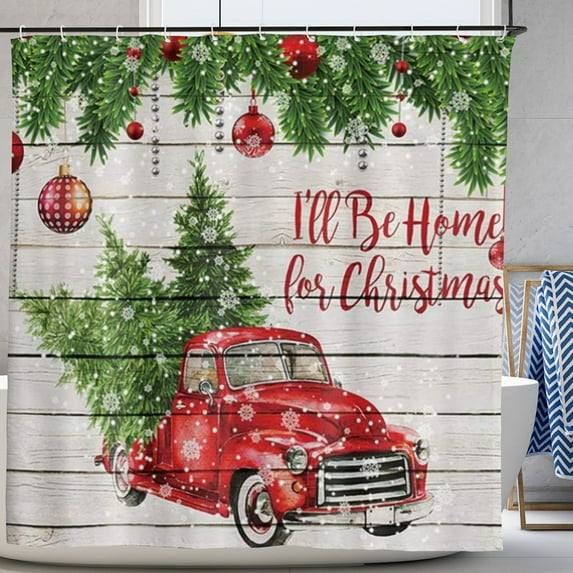 Christmas Shower Curtains Colorful Christmas Balls with Pine Fir Tree Retro Truck Car Snowflake Xmas Tree Shower Curtain 72x72in