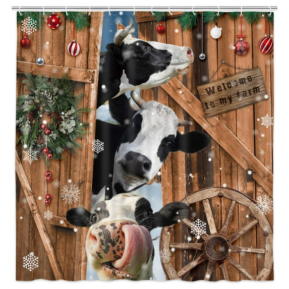 Merry Christmas Shower Curtains, Funny Cow Farmhouse Barn Door Rustic Vintage Wooden Xmas Wreath Animals Shower Curtain for Home, Fabric Bathroom Decor Set with Hooks, 72X72in