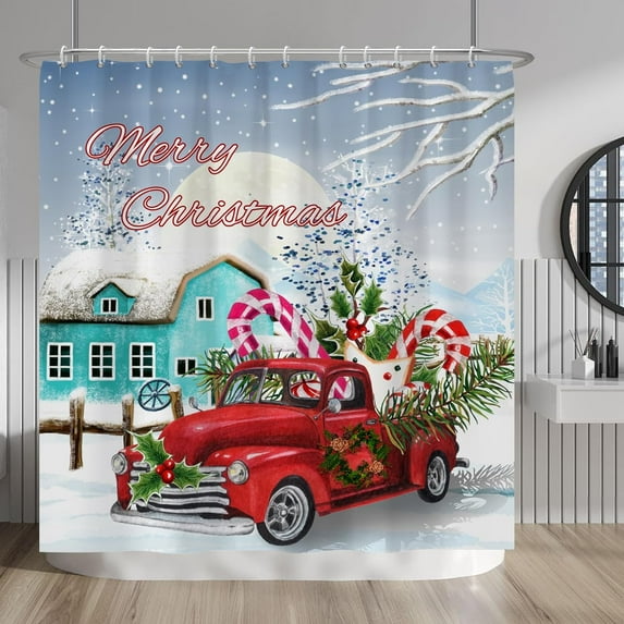 Merry Christmas Shower Curtains Set Red Truck Candy Cane Vintage Farmhouse Full Moon Snowflake Shower Curtain Sets with Hooks 72x72 Inches for Bathroom Bath Decor Waterproof Polyester Fabric
