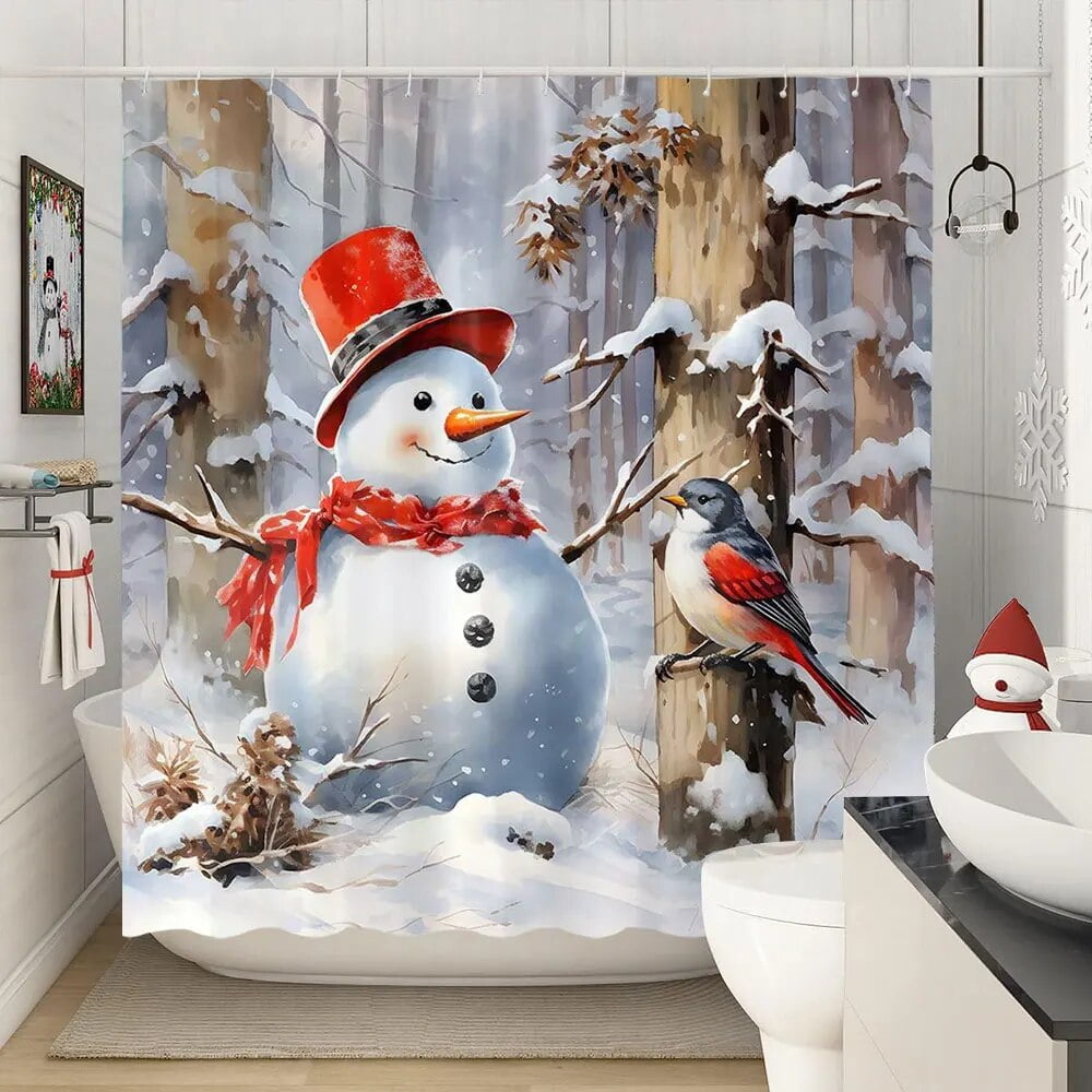 Merry Christmas Shower Curtains Winter Snowflake Xmas Pine Leaves Lamp ...
