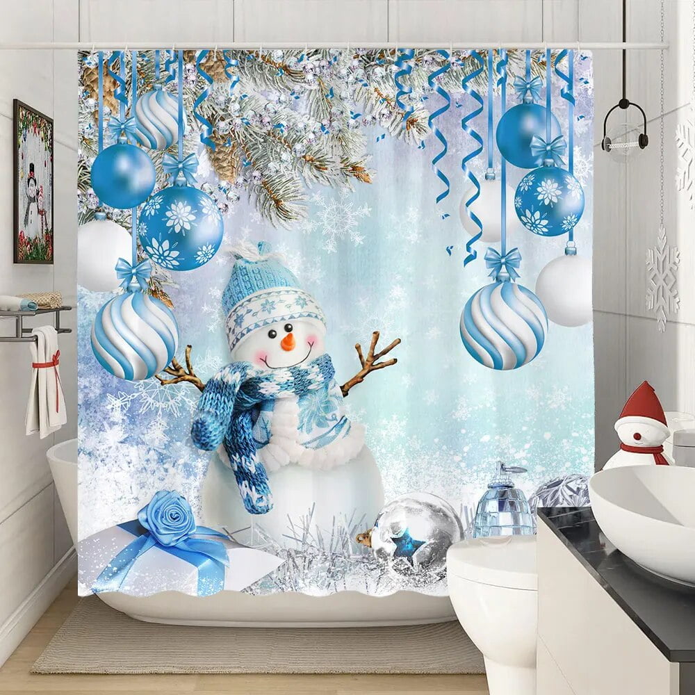 Merry Christmas Shower Curtains Winter Snowflake Xmas Pine Leaves Lamp ...