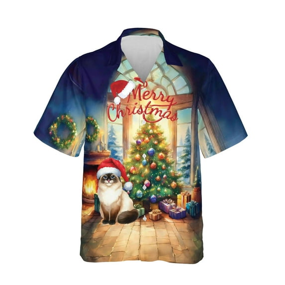Merry Christmas Siamese Santa Hat Xmas Tree Winter Holiday Hawaiian Shirt Breathable Summer Unisex Merch Cat Lover Kitten Owner Gifts - 01013