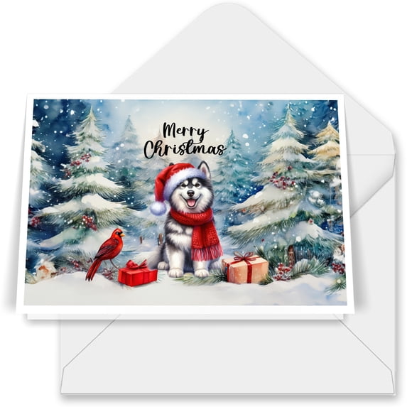 Merry Christmas Siberian Husky Enjoys Woofmas Winter Xmas Holiday 7x5in Folded Greeting Card Husky Dog Lover Gifts Single Note Card with Envelope - 02022