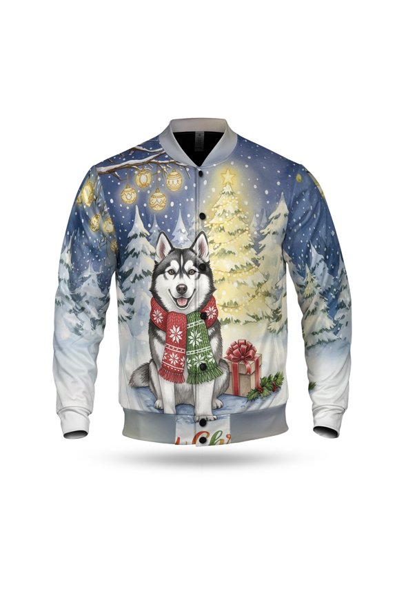 Merry Christmas Siberian Husky Snowy Winter with Gifts Tree Decorations All Over Print 3D Baseball Jacket Husky Dog Lover Gifts Bomber Jacket Softball - 12020