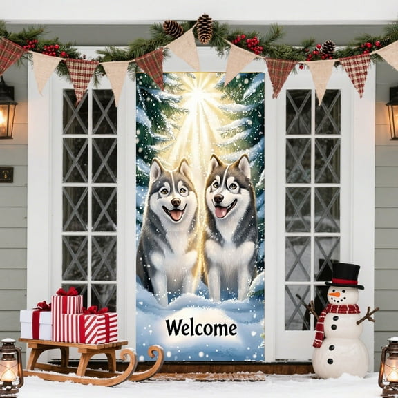 Merry Christmas Siberian Husky Winter Door Covers Decorative Classroom Door Cover Banner Decor For Party Home Indoor Outdoor Gift 35X 71 Inch