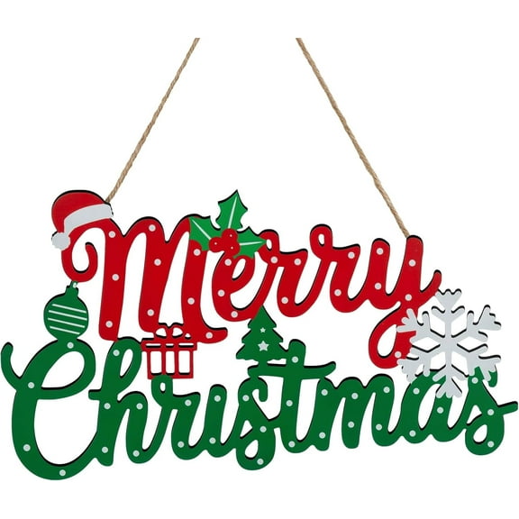 Merry Christmas Sign for Front Door Decor - 2 in 1Wooden 11.8 Inch × 6.7inch Christmas Wreath Wall Hanging or Tabletop Centerpiece for Door, Table, Fireplace