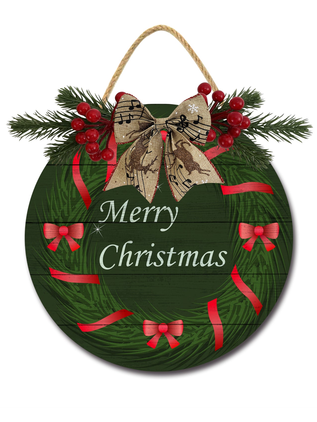 Merry Christmas Sign Front for Door Decoration, 12 in Round Wood ...