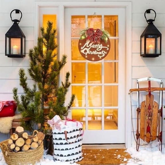 Merry Christmas Sign for Front Door, Wooden Hanging Sign Door Decoration with 12 LED Light, Winter Welcome Wreath indoor outdoor Décor, Christmas Decoration.
