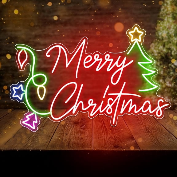Merry Christmas  Sign LED Decor Dimmable Tree  Light up Sign for Bar Pub Club Home Bedroom Office Restaurant Christmas Home Indoor New Year Party (19.6 * 13.7 In)