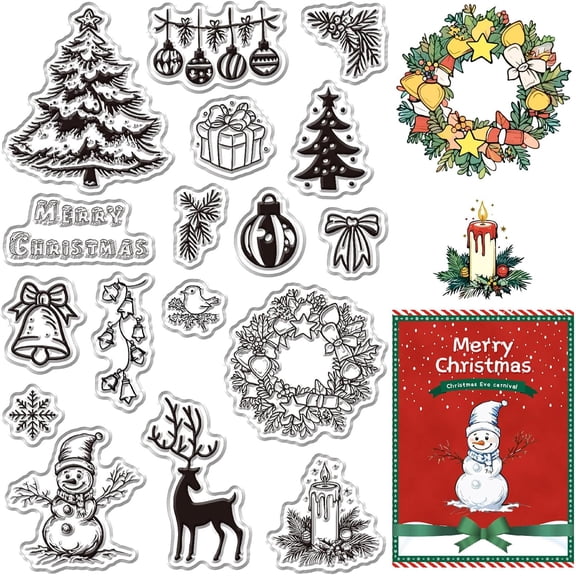 Merry Christmas Silicone Stamps Snowman Gift Clear Rubber Stamps Christmas Tree Greeting Words Snowflake Bell Star Sled Holly Elk Gift Card Making Scrap Booking Album Decoration Plastic