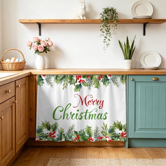 Merry Christmas Sink Skirt 11"Wx13"L,Dustproof Under Sink Curtain W/ Self Adhesive Tape,Xmas Green Leaves Berries Pine Needles Holiday Cabinet Curtain Cover for Bathroom Vanity,Kitchen Storage Shelf