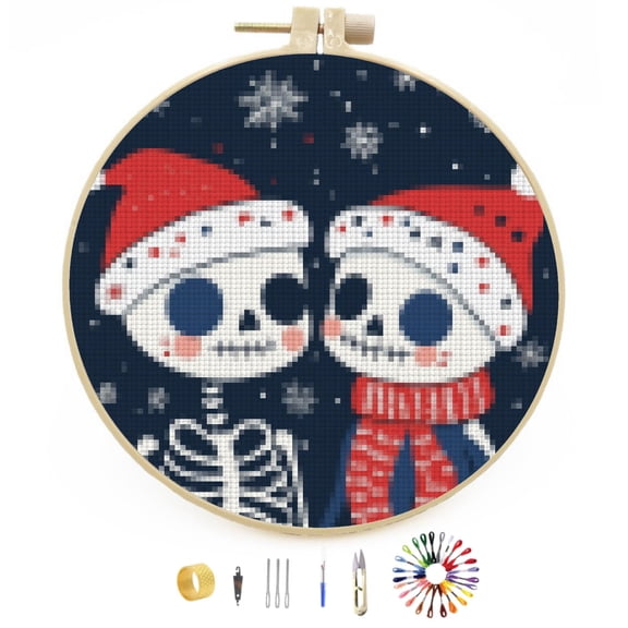 Merry Christmas Skeleton Couple DIY Stamped Cross Stitch Kits Easy for Beginners with Hoop 11CT Counted Embroidery Needlepoint Crafts Arts for Handmade Enthusiasts and Home Decor 30x30cm(1)