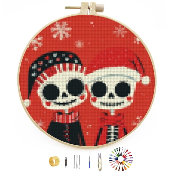 Merry Christmas Skeleton Couple DIY Stamped Cross Stitch Kits Easy for Beginners with Hoop 11CT Counted Embroidery Needlepoint Crafts Arts for Handmade Enthusiasts and Home Decor 30x30cm(6)
