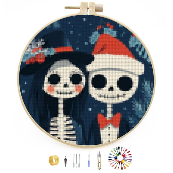 Merry Christmas Skeleton Couple DIY Stamped Cross Stitch Kits Easy for Beginners with Hoop 11CT Counted Embroidery Needlepoint Crafts Arts for Handmade Enthusiasts and Home Decor 30x30cm(8)
