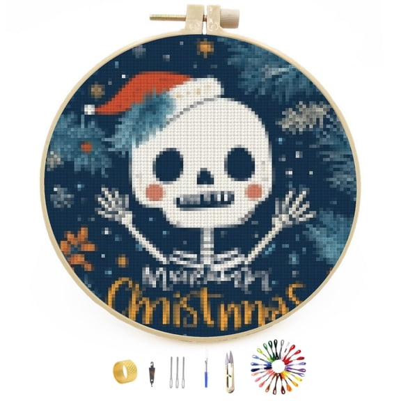 Merry Christmas Skeleton DIY Stamped Cross Stitch Kits Easy for Beginners with Hoop 11CT Counted Embroidery Needlepoint Crafts Arts for Handmade Enthusiasts and Home Decor 30x30cm(5)