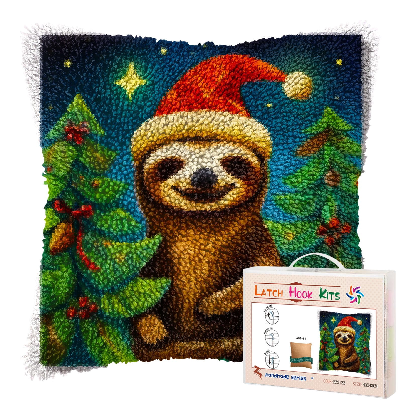 Merry Christmas Sloth and Trees DIY Latch Hook Pillow Kits for Adults Printed Pillowcase Crochet Yarns Hooking Handmade Pillow Cover Cushion for Home Sofa Decoration 17x17inch