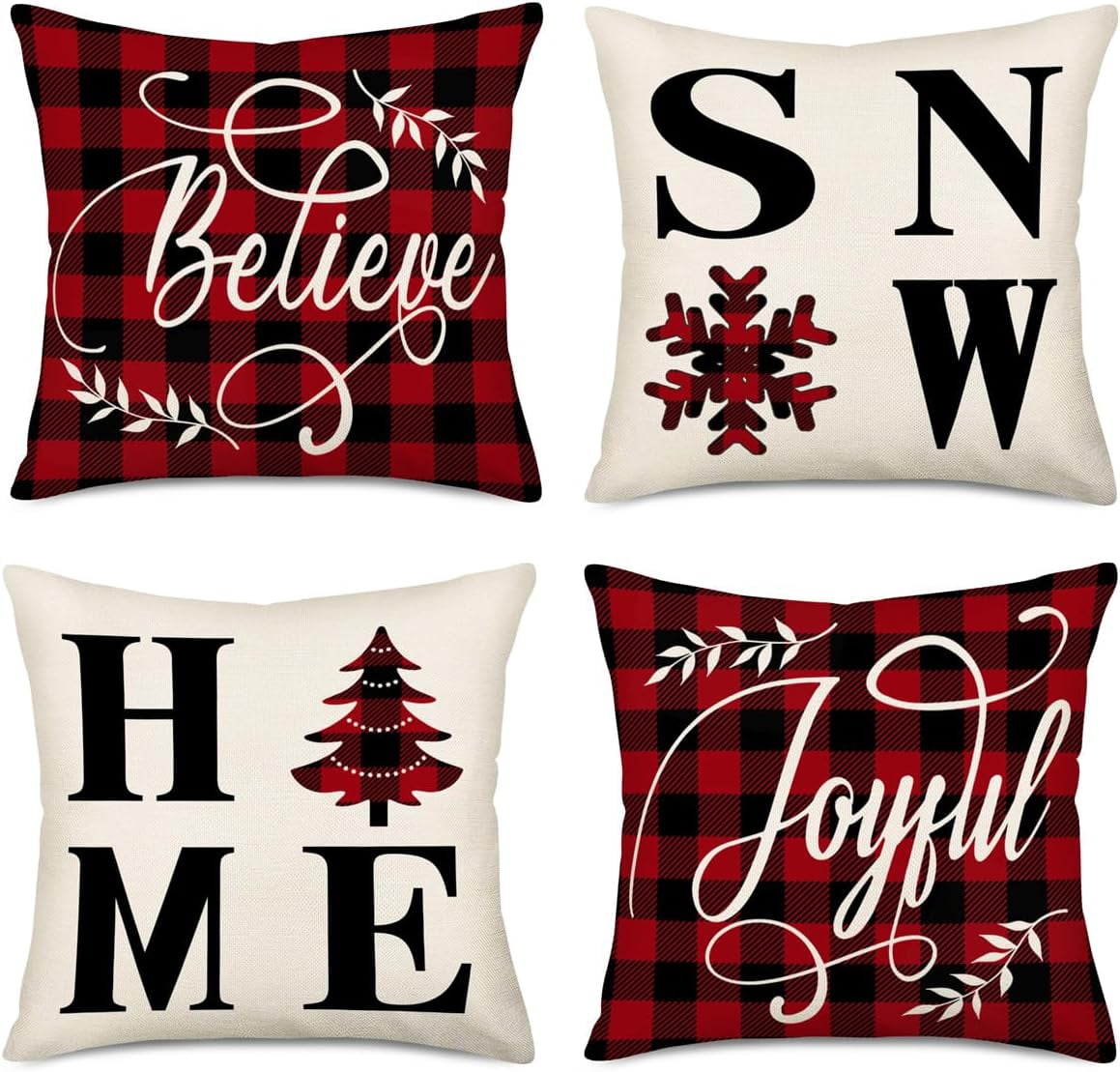 Merry Christmas Snow Home Pillow Cover Red Black Buffalo Plaid Believe Joyful Xmas Tree Snowflake Winter Christmas Farmhouse Decorative Throw Pillow Covers 16x16 Inch Set of 4 Cushion Case