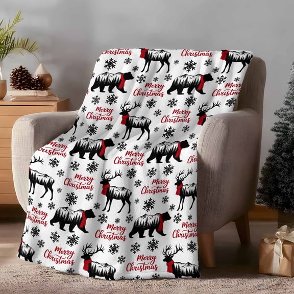 Merry Christmas Snowflake Fleece Throw Blanket Lightweight Winter Bear Reindee Silhouette Black Fuzzy Flannel Throws Super Soft Cozy Flannel Blanket for Couch, Sofa, Bed, Travel 30"x40"
