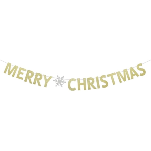 Merry Christmas With Snowflake Gold Glitter Banner, Fun Paper Sign For Christmas | Xmas | Winter Holiday | Home Holiday | Happy New Year Party Decorations