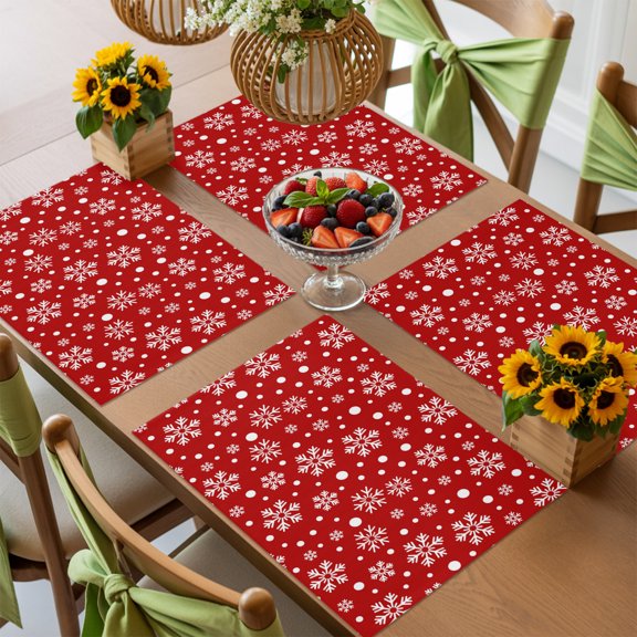 Merry Christmas Snowflake on Red Placemats Set of 4,Wipeable Washable Table Mats for Dining Tables, Winter Falling Snow Place Mats for Kitchen Event Party Tabletop Decor