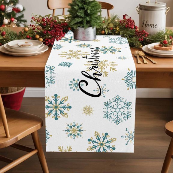Merry Christmas Snowflake Seamless Table Runner 13x70in Non-Slip Cotton Linen Table Runners, Teal Gold Snow on White Dresser Scarves TableRunner for Dinner Kitchen Dining Wedding Party