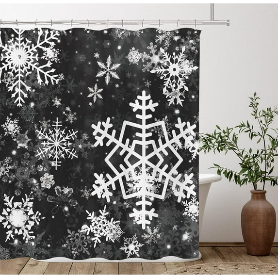 Merry Christmas Snowflake Shower Curtain Set, Happy Holiday Winter Black White Bathroom Decorative Winter Waterproof Fabric 71x71 Inch with 12 Hooks