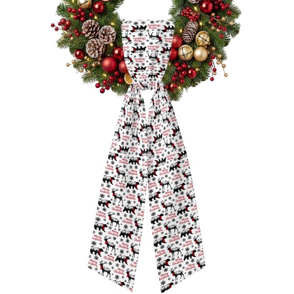 Merry Christmas Snowflake Wreath Sash for Front Door, Winter Bear Reindee Silhouette Black Satin Wreath Ribbon Bow Accessory Garland Home Decor for Doorway Porch Yard 4.5x56