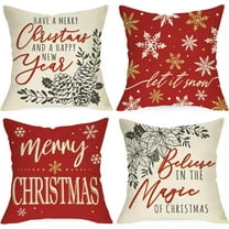 Merry Christmas Snowflakes Decorative Throw Pillow Covers 18x18 Set of 4, Let it Snow Xmas Poinsettia Pine Cones Believe Red Cushion Case Decor, Happy New Year Winter Holiday Home Decoration