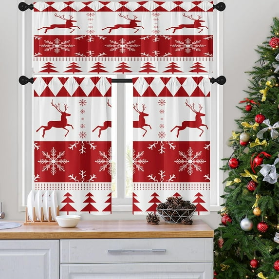 Merry Christmas Snowflakes Deer Kitchen Curtains Winter Red Snow Window Curtains Valance and Tier Set 36 Inch Rod Pocket Short Tier Curtain for Room Kitchen Decor