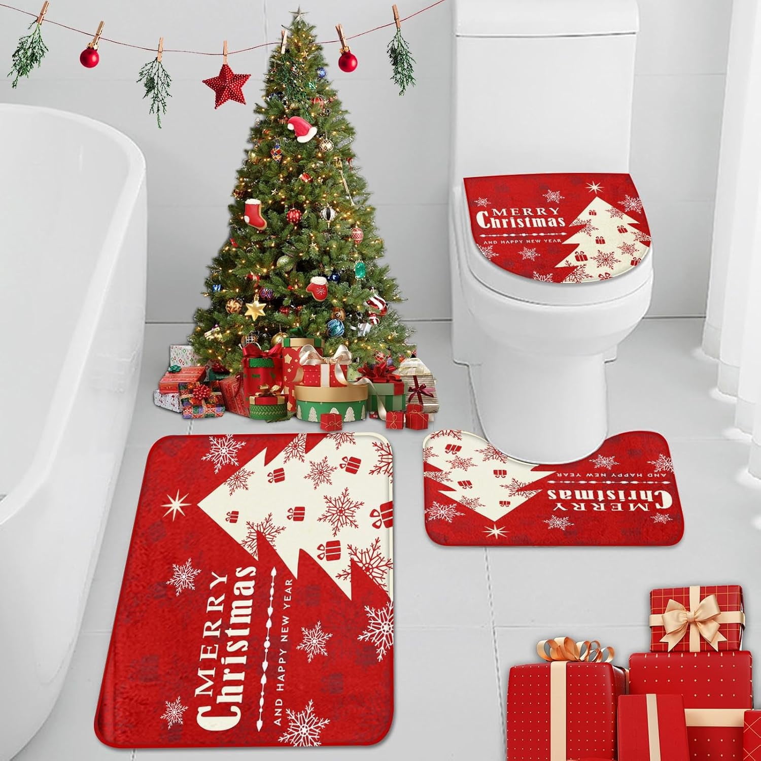 Merry Christmas Snowflakes Red Bathroom Rug Set of 3 Winter Tree Happy ...