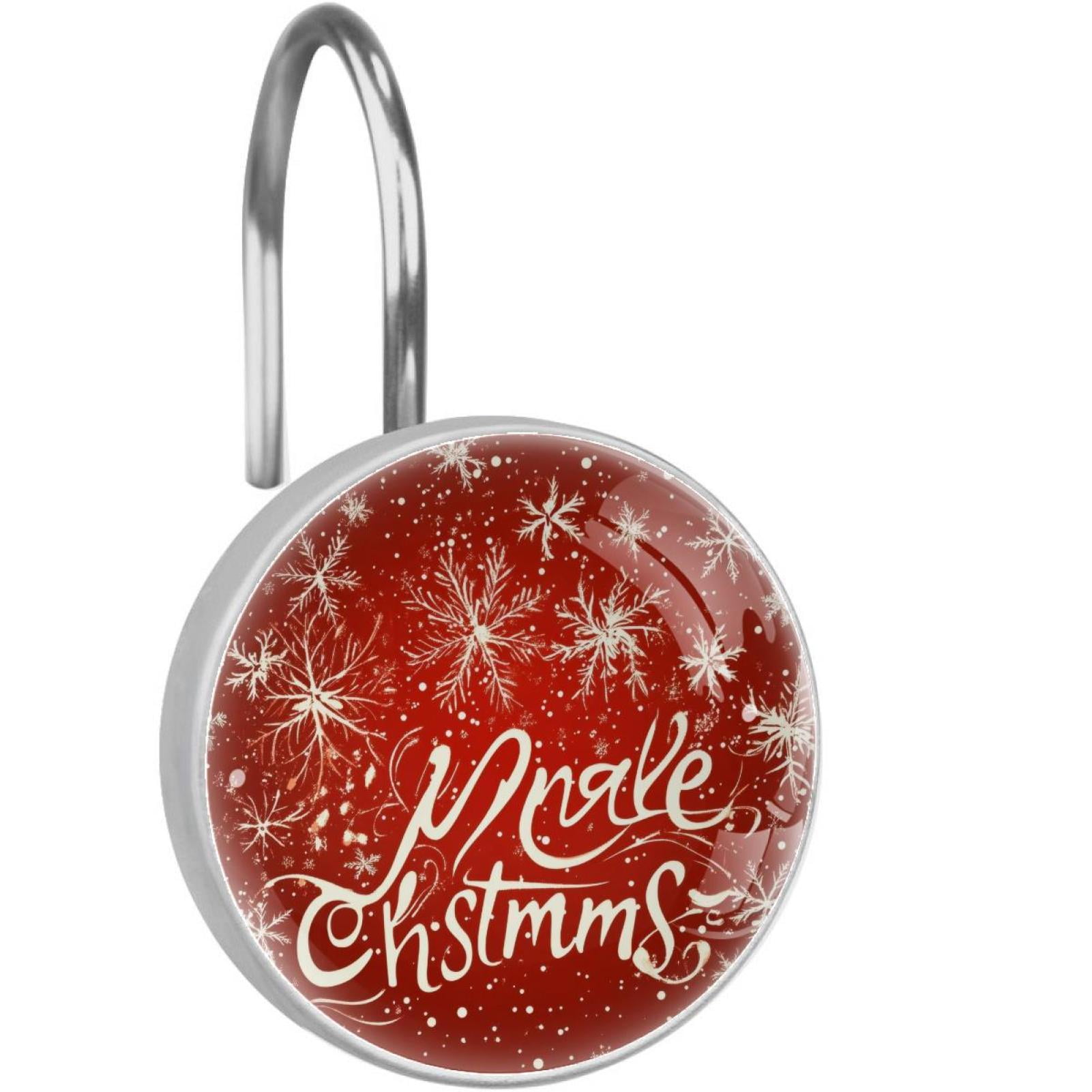 Merry Christmas Snowflakes Red Shower Curtain Hooks Round Crystal Glass, Set of 12 Shower Curtain Rings - Shower Hooks for Curtain Shower Rings