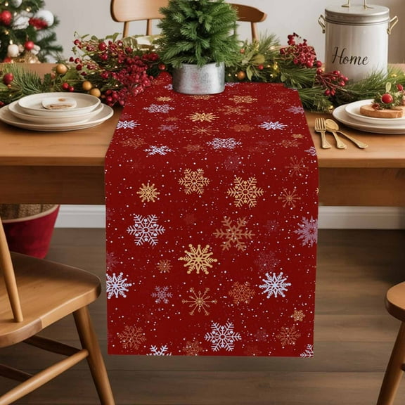 Merry Christmas Snowflakes on Red Table Runner 13x70in Non-Slip Cotton Linen Table Runners, Winter Snow Seamless Dresser Scarves TableRunner for Dinner Kitchen Dining Wedding Party