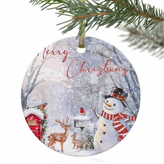 Merry Christmas Snowman Elk Bird Christmas Ceramic Ornament 2025,3" Round Xmas Tree Hanging Accessories with Gold Ribbon