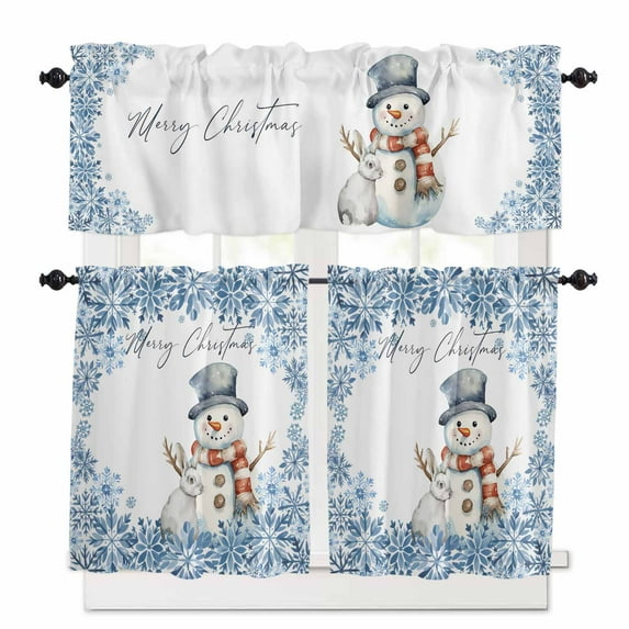 Merry Christmas Snowman Kitchen Curtains and Valances Set, Rabbit Winter Snowflake Animal Rod Pocket Window Valance 18 Inch Window Curtain Panels for Living Room Bedroom Laundry, 27.5x24in, 3 Pieces