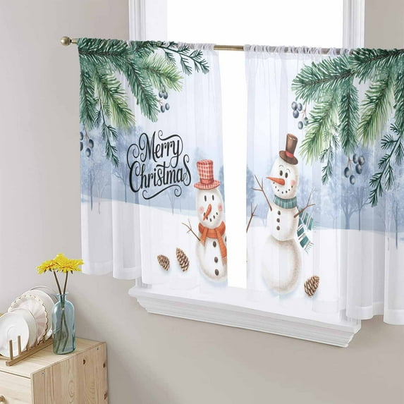 Merry Christmas Snowman Sheer Curtains 45 Inch Length 2 Panels Set, Semi Transparent Voile Rod Pocket Curtains for Living Dining Room Bedroom Drapes Winter Xmas Tree Pine Fruits