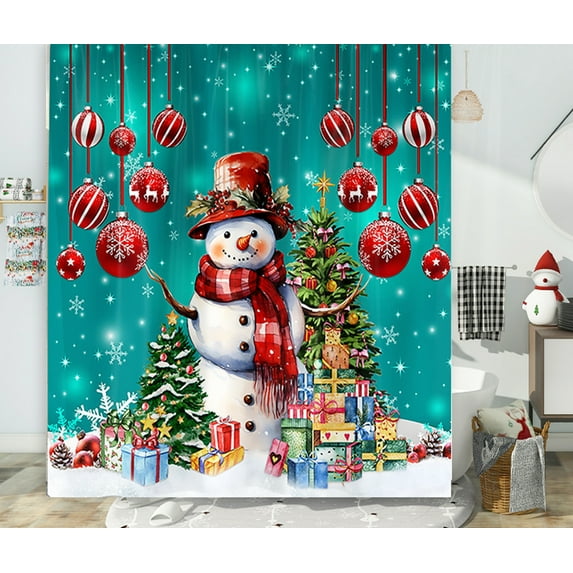 Merry Christmas Snowman Shower Curtain for Bathroom, Vintage Winter Snow Teal White Red Fabric Shower Curtains Set, Rustic Farmhouse Christmas Tree Snowflake Restroom Decor Accessories, 69X70IN